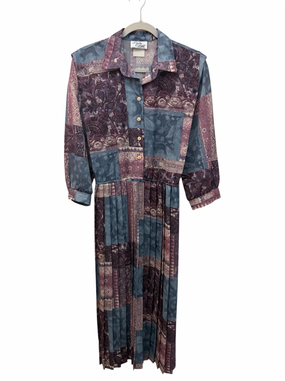 Vintage Lady Carol 80’s Patchwork Print Pleated Long Sleeve Shirt Dress OS